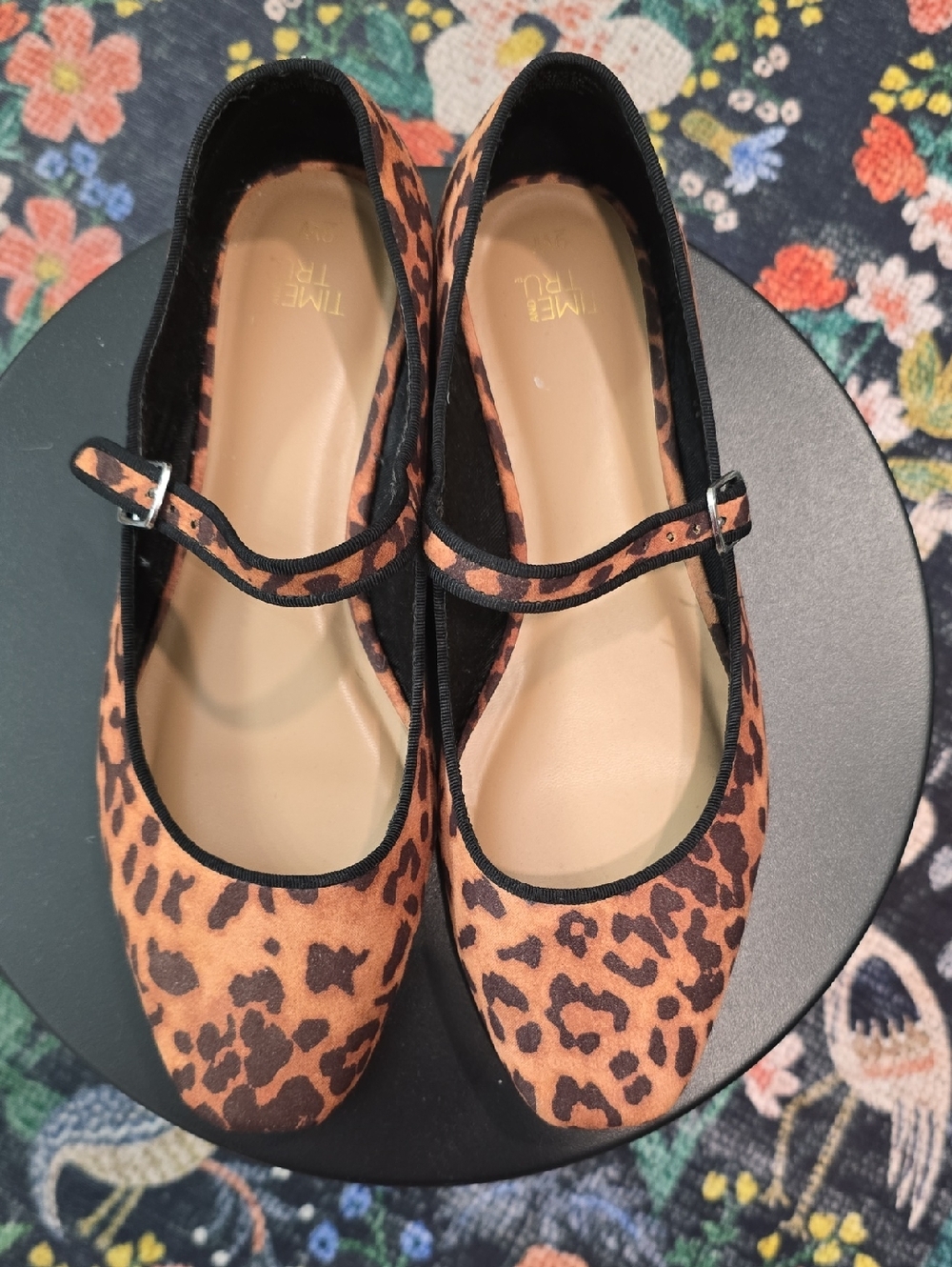Time and Tru Leopard-Print Mary Jane Flats in Tan and Black
